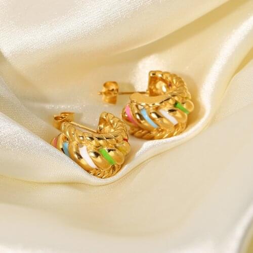 2021 INS Lovely 18K Gold Plated Stainless Steel CC Shape Earrings Jewelry Twisted Colorful Rainbow Earrings For Women