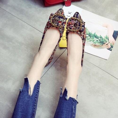 Metal Decoration Slip On Ladies Loafers Shoes Pointed Toe Casual Rhinestone Flat Shoes Woman Plus Size 44 Mixed Colors Footwear
