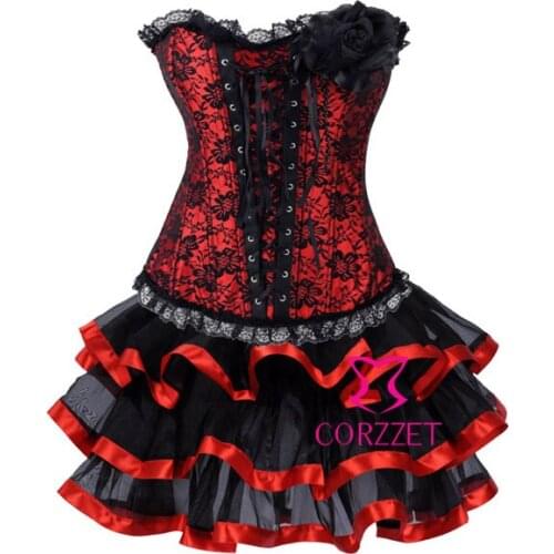 Corset+ Skirt+ G-string) Three Pieces Set Women Red Satin & Lace Gothic Corsets And Bustiers Dress Sexy Corpetes E Espartilhos