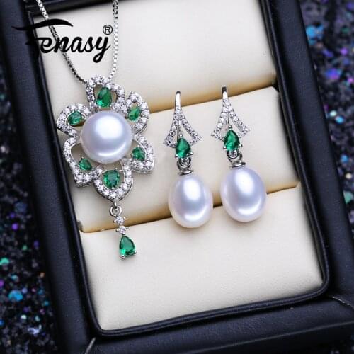 FENASY 925 Sterling Silver Jewelry Sets Natural Pearl Earrings For Women Bohemian Emerald Big Pendant Necklaces