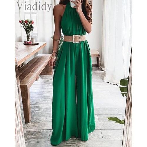 Women Casual Loose Solid Color Wide Leg Sleeveless Jumpsuuit No Belt
