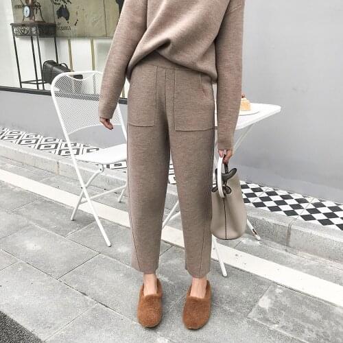 Women Autumn Winter Knitted Sweater 2 Two Piece Set Casual Tracksuit Round Collar Jumpers with High Waist Wide Leg Pants