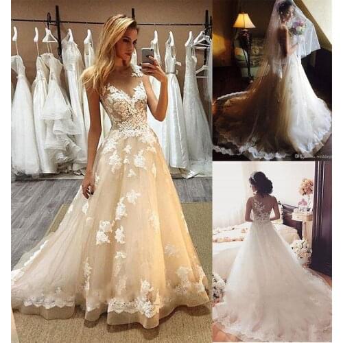 Robe De Mariage Sexy A-Line Lace Wedding Dress 2020 Romantic Sheer Neck Illusion elegant Wedding Dresses gown vestido de noiva