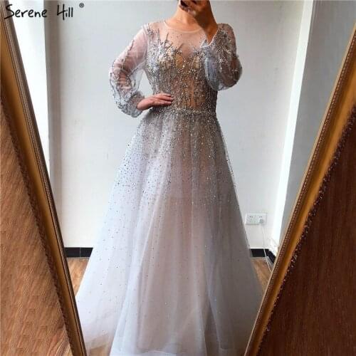 Silver O-Neck Luxury Long Sleeves Evening Dresses 2020 Sequins Beading Sexy Formal Dress Serene Hill DLA70418 Dubai