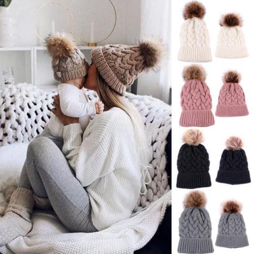 Mother&Baby Daughter/Son Winter Warm Knit Hat Family Crochet Fur Beanie Ski Cap