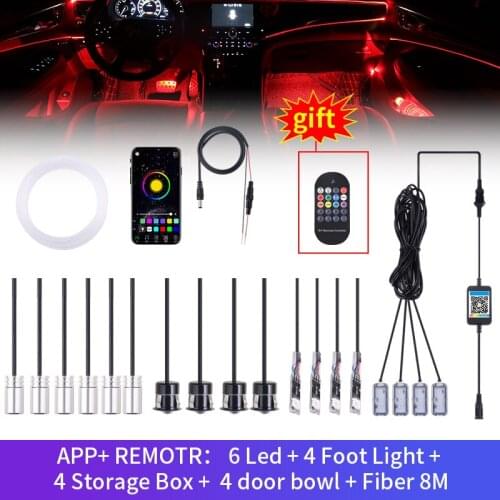 18Pcs Thread-free Atmosphere Lamp Remote and APP Bluetooth Control Car Foot Light Optical Fibre 64colors Dashboard Door lights