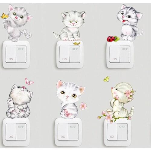 6 Cute Cats Switch Stickers For Kids Room Bedroom Home Decoration Diy Cartoon Animal Kitten Mural Art Pvc Wall Decals