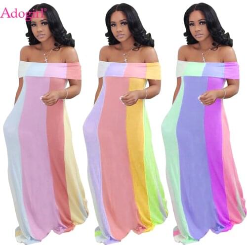 Adogirl S-5XL Women Sexy Slash Neck Off Shoulder Striped Maxi Dress with Pockets