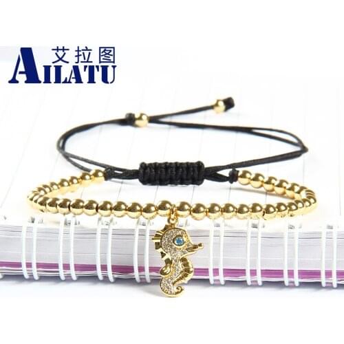 Ailatu Fashion Charm Jewelry 4mm Round Brass Beads with Lovely Blue Eye Sea Horse Cz Lace Up Animal Shape Bracelet