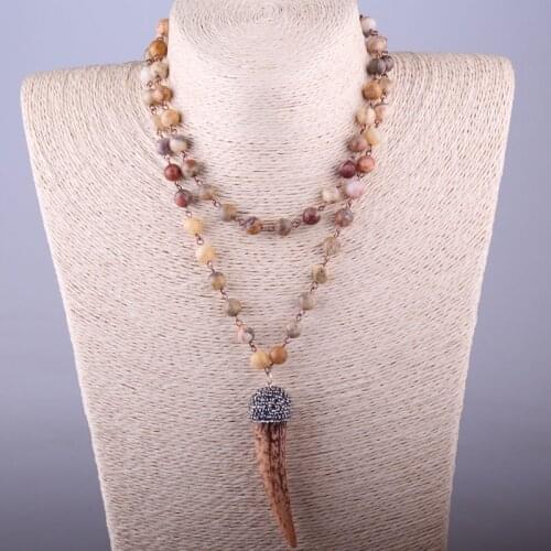 Free Shipping Fashion Crazylace Agat Bohemian Jewelry Rosary Chain Ox Horn Pendant Necklace Natural Stone Halsband