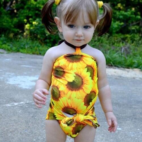 Baby Girls Toddler Sunflower Print Backless One-piece Halter Swimwear Swimsuit Bathing Suit Beachwear Cute Girls Swimsuit