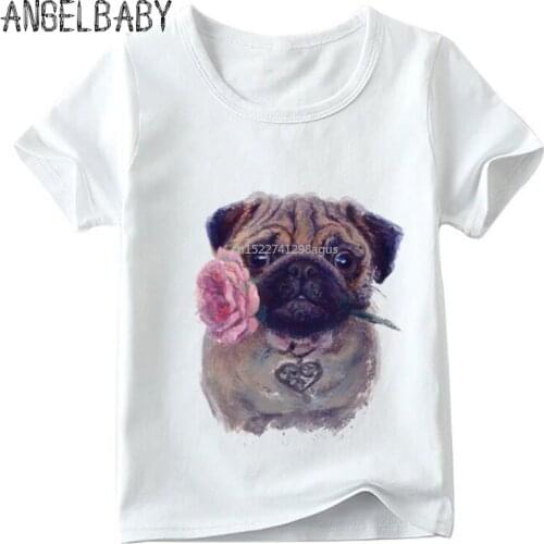 Children Retro Flower Pug Print T shirt Boys and Girls Summer Casual Tops Kid Soft White T-shirt,ooo2162