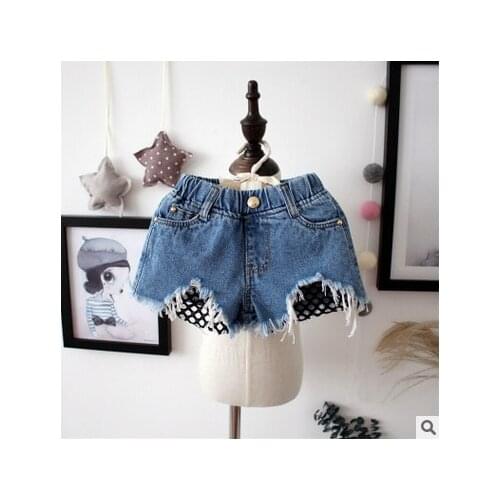 Childrens clothing 2018 summer girl grid casual all-match denim shorts moben child jeans shorts with hole and net