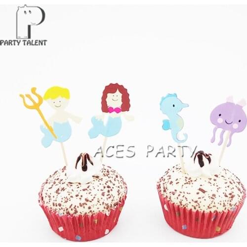 Party Supplies Sea Theme Kids Toppers for Kids Birthday Party DIY Cake Accessory Cupcake Decoration 48pcs/lot