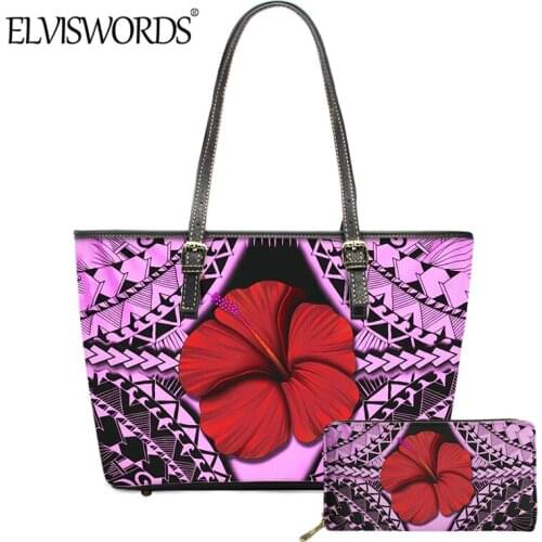ELVISWORDS Womens Luxury PU Leather Handbag Set Red Hawaii Hibiscus Polynesian Tribal Pattern Ladies Large Tote Long Wallet