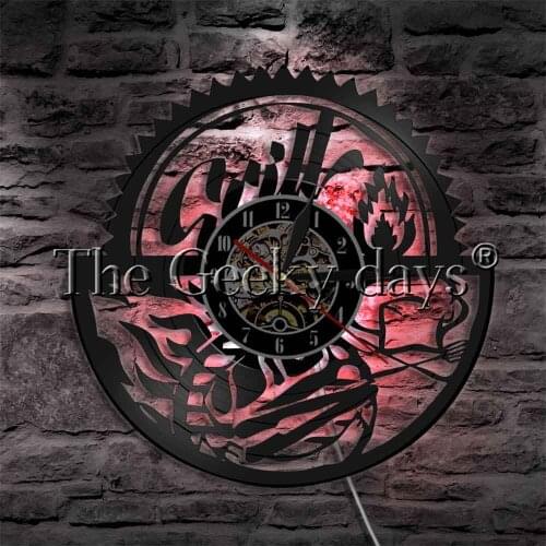 Gril Barbecue Vinyl Record Wall Clock Modern Design Family Reunion BBQ Party Creative Home Decor Sleep LED Night Light