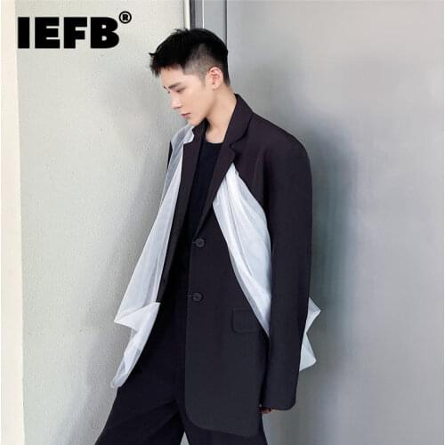 IEFB New Niche Design Personalized Mesh Splicing Suit Coat 2021 Autumn Fashion Silhouette Contrast Color Blazer Single Breasted