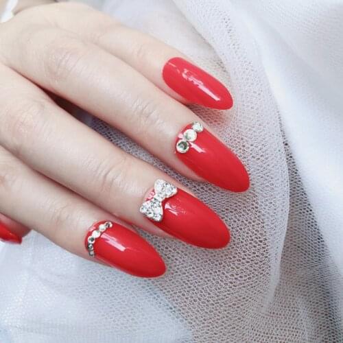 Custom lady style Red fake nails medium high heel according to nail luster artificial Rhinestone bow false nails set of 24 pcs