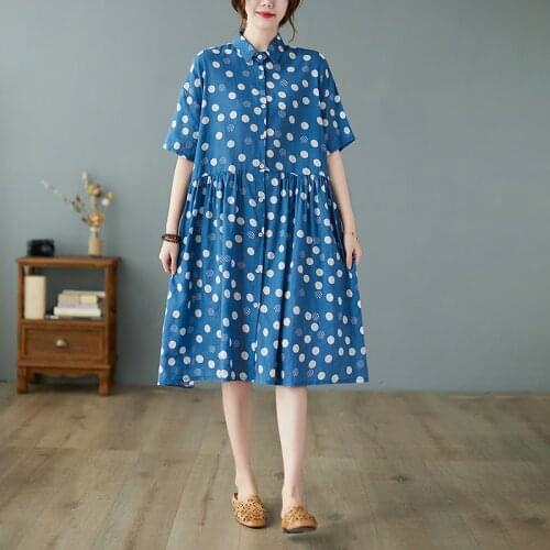Korea Style Print Dot Sweet Girls Chic Shirts Blouse Dress Cotton Linen Loose Women Summer Dress Travel Casual Beach Dress