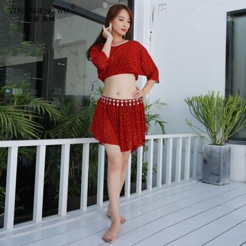 New Women Belly Dance Clothes Sequins Suit 2 Pieces Costume Set Class Wear Plus Size Top & Short Skirt Bellydance Wear New
