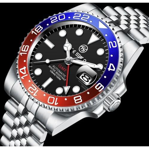 TESEN Luxury Brand Men Automatic Mechanical Watches Mens 316L Stainless Steel Sapphire Glass Luminous Waterproof GMT Wristwatch