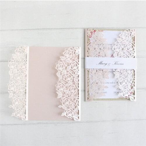 Rose leave invitation card wedding soft pink with glittery insert Christening & Baptism greeting card customizable printing