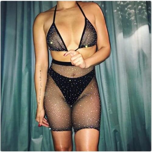 Sexy Women See-through Rhinestone Set Mesh Halter Bra + Fishnet High Waist Shorts Female Babydoll Sleepwear Sets New