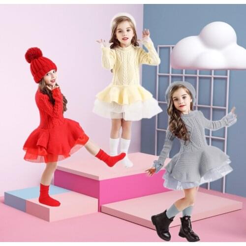 Knitted Sweater Dress for Girls Autumn Winter Clothes Ribbed Long Sleeve Kids Party Costume Casual Wear Princess Christmas Dress