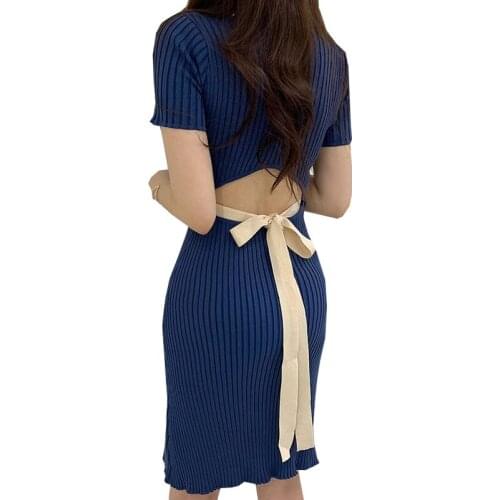 LJSXLS Women Slim Back Hollow Elegant Knitted Dress Short Sleeve Vestidos De Fiesta 2021 Summer Sexy Mini Bodycon Dresses Black