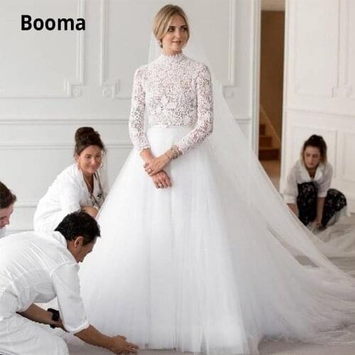 Booma 2020 Elegant Lace Tulle Wedding Dresses Long Sleeve Bohemian Bridal Gown Muslim Princess Wedding Gown Plus Size mariage