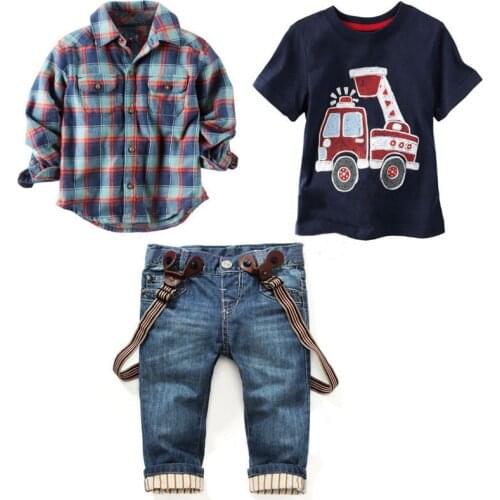 Childrens clothing sets for spring boy suit with long sleeves plaid shirts + car printing t-shirt + jeans 3pcs kids Suit Fall