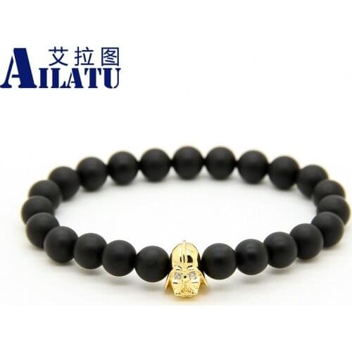 Ailatu New Arrival Powerful Hero Of Sparta Black Cz Beads Charm Bracelet 10pcs/lot 8mm Matte Onyx Stone Fashion Jewelry