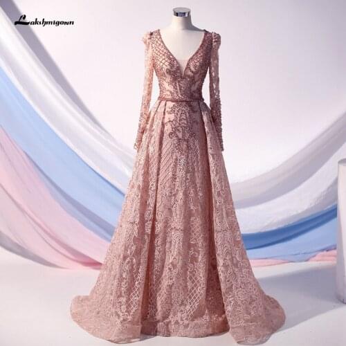 Lakshmigown Rose Gold Sequin Evening Gowns Long Sleeves Rhinestone Dubai Arabic Women Formal Prom Dress 2020 Bestidos de fiesta