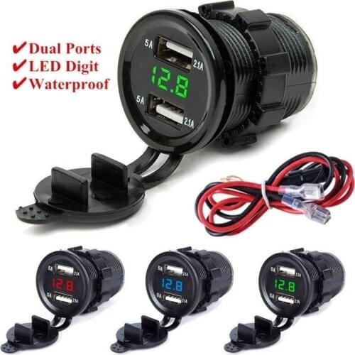 Car Motorcycle Phone Charger Socket Dual USB 2.1A LED Digital Display Cigarette Lighter 12V-24V For Samsung iPhone Xiaomi Huawei