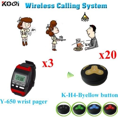 Wireless Call Calling System Waiter Service Paging For Restaurant, 3 Wrist Watch Pager+20 Buttons K-H4 Waterproof Call Button
