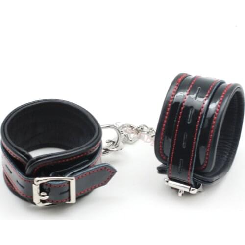 Smspade black real leather bondage strap handcuffs with metal chain, adjustable padded wrist cuffs sex toys for unisex play