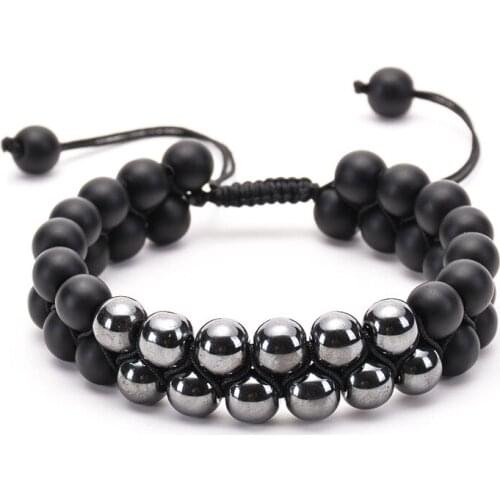 Two Kinds Natural Stone Mixed Beads Matte Onxy Wraped Hematite Double Row Women Men Couple Charms Dainty Bracelet