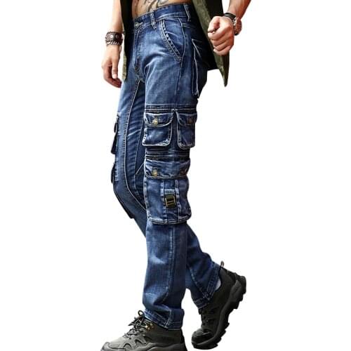 Mens Brand Cargo Jeans Multi Pockets Tactical Denim Pants High Quality Male Outdoor Casual Jeans WB2500