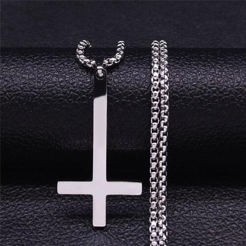 Witchcraft Pagan Stainless Steel Upside Down Cross Necklace Women/Men Silver Color Chain Necklace Jewelry collier N8005S02
