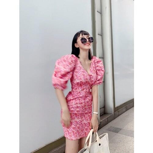 Summer Dress Women Short Puff Sleeve Flroal Printed Ruched Party High Split Maxi Dresses Drawstring Sexy Vestidos Sundres PD155