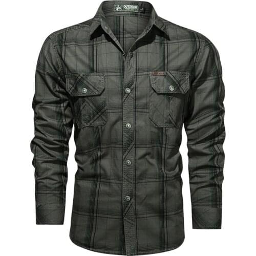 Mens Autumn Cotton Casual Plaid Long-Sleeved Tooling Shirt