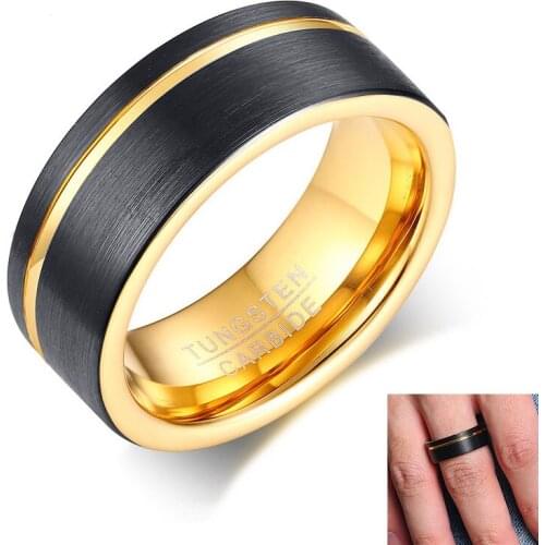 Mens 8MM Tungsten Steel Rings Brushed Groove Black Gold Party gift ring jewelry Finger Rings,Size 8-12