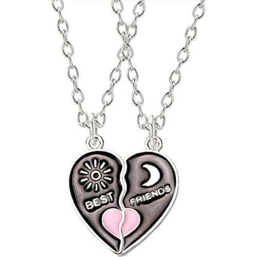 2 Piece Set Of Simple Heart-shaped Necklace Best Friend Stitching Letter Pendant Men And Women Clavicle Chain Friendship Gift