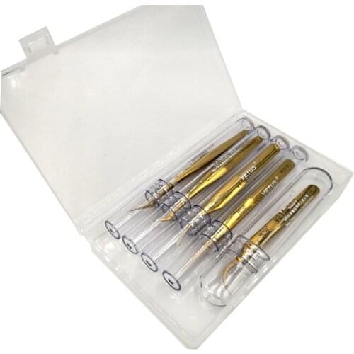 Pack of 5pcs Golden Vetus MCS Series Makeups Tweezers for Beauty Eyelashes Grip Picking Selection Works with Plastic Storage Box