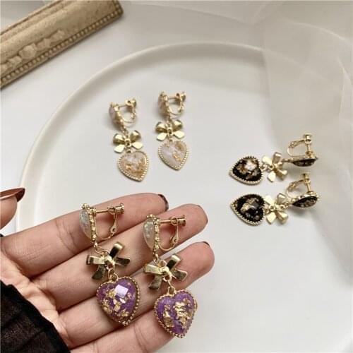 Gentle French Retro Baroque Palace Purple Heart Clip Earrings Temperament Heart-shaped Bow Ear Clips Earrings No Piercing Women