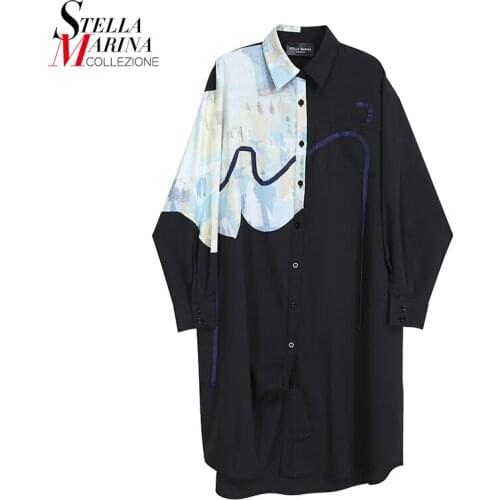 New Autumn Woman Long Sleeve Black Straight Shirt Dress Pocket Printed Part Joined Plus Size Ladies Casual Style Robe Femme 8113