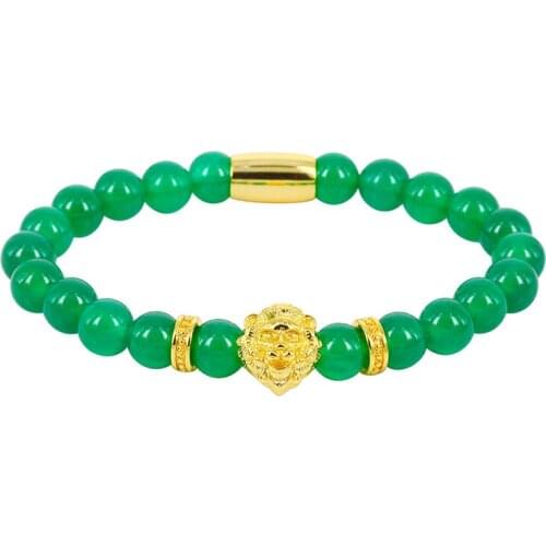 New Lucky Gem 8mm Natural Stone Bead Bracelet Men Green Stone Lion Charm Bracelet For Women Mantra Prayer Lion Head Bracelet
