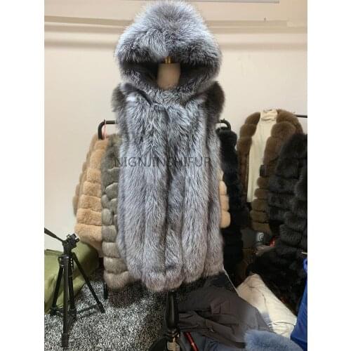 New brand winter true natural fox fur coat thick silver fox womens jacket fox fur Length 80 cm vest hood