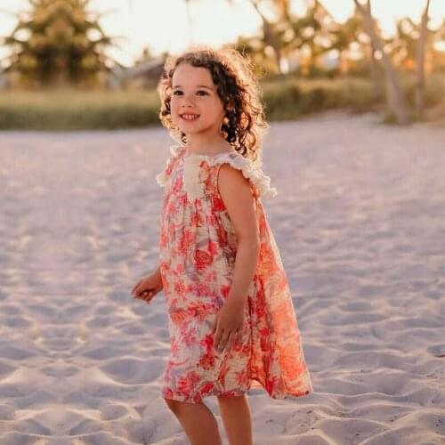 Girls' Dress Gold Plaid Linen Cotton Tassel Cuff Decoration Red Print Holiday Vest Mid Length Dress 2021 Summer New Childrens