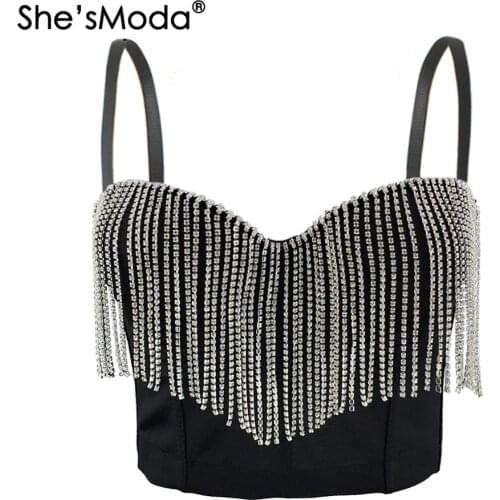 ShesModa Metal Chain Womens Button Diamonds Push Up Bustier Bra Night Club Party Cropped Top Vest Plus Size